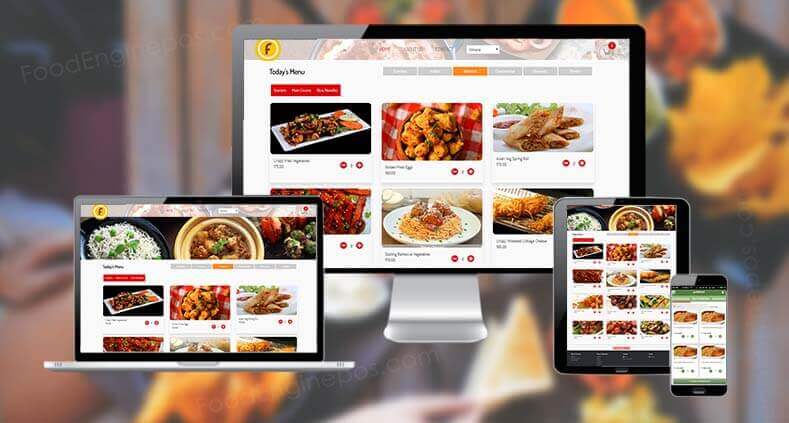 Image of a laptop, a computer, a mobile and a tablet with the screens of FoodEngine to order food online