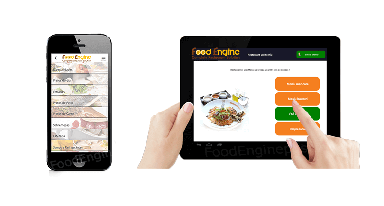 A mobile and a tablet installed with FoodEngine displaying food menu